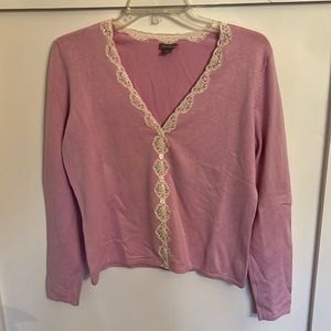 Ann Taylor Pink Silk/Cashmere Cardigan w/Ivory Lace Size M